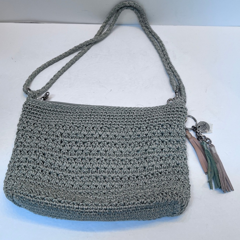 The Sak Crochet Crossbody Bag Sage Green Grey Tassel Zip Shoulder Bag